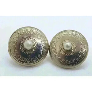 Vintage RARE CORO Gold Engraved Button Earrings Faux Pearl Center Screw Back